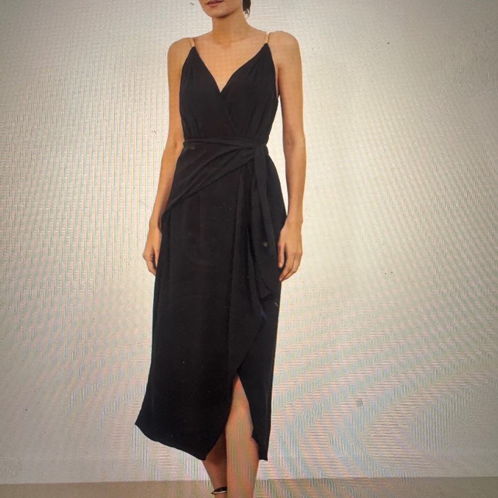 VIX Paula Hermanny Carly black Greek Goddess Wrap Side Tie Midi Dress